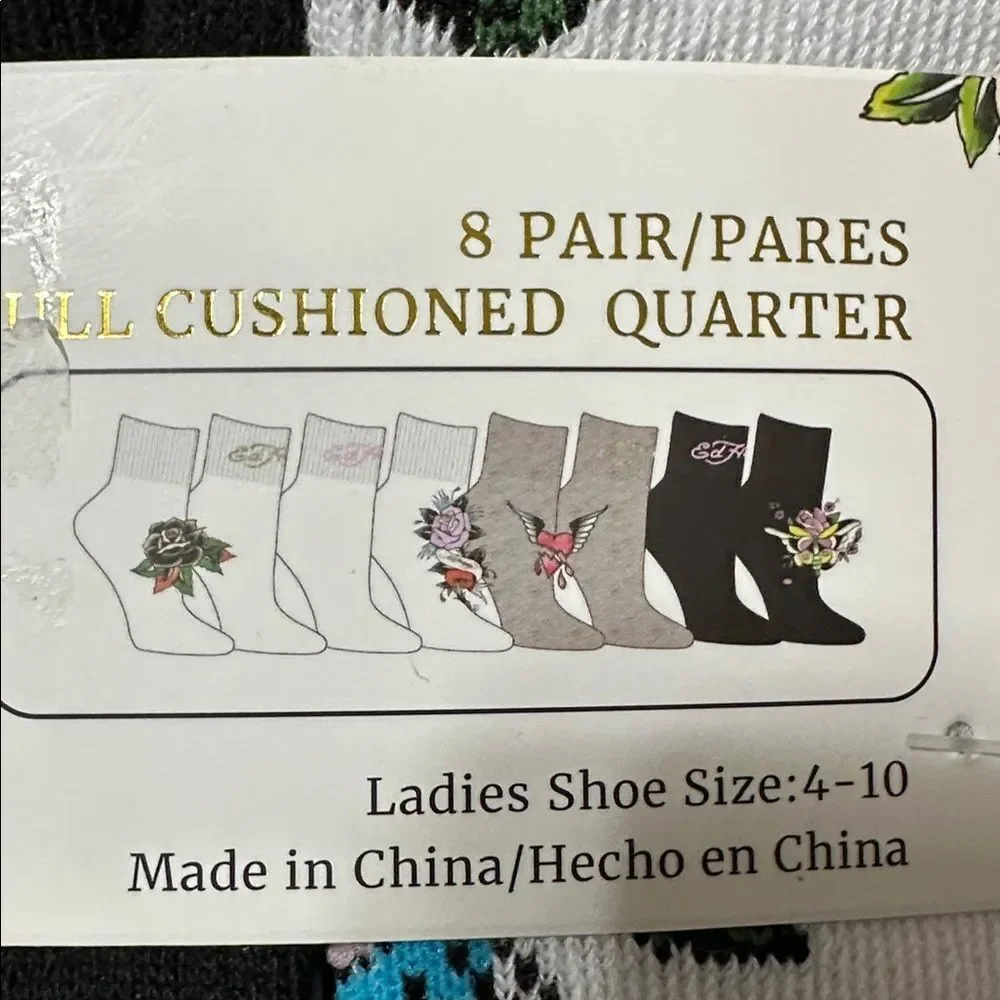 Ed Hardy White Black Tan Super Soft Tattoo Art Cushioned Quarter Socks 8 pack